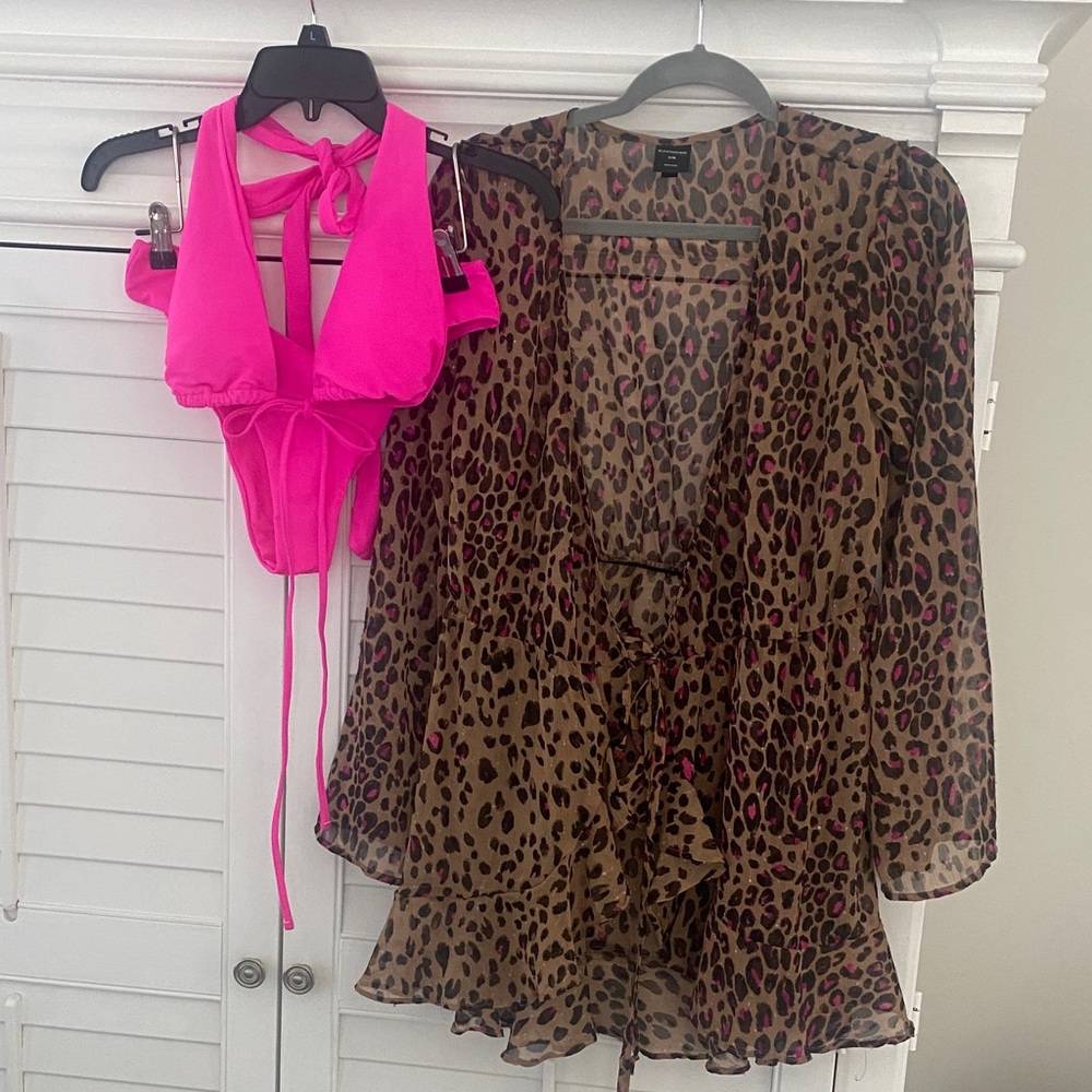 Leopard Print Cover-Up and Pink Swimsuit Set